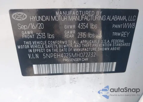 2021 Hyundai Sonata из США, поврежденный, VIN 5NPEH4J5MH072732